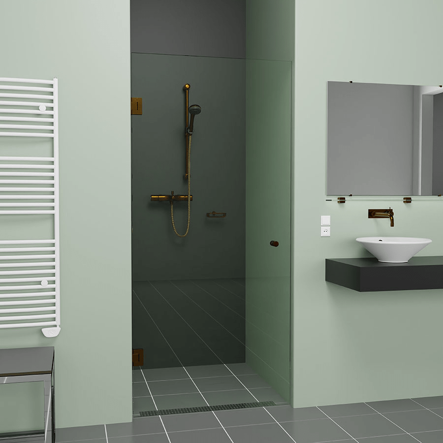 Douchedeur op maat met helder glas en brons beslag 